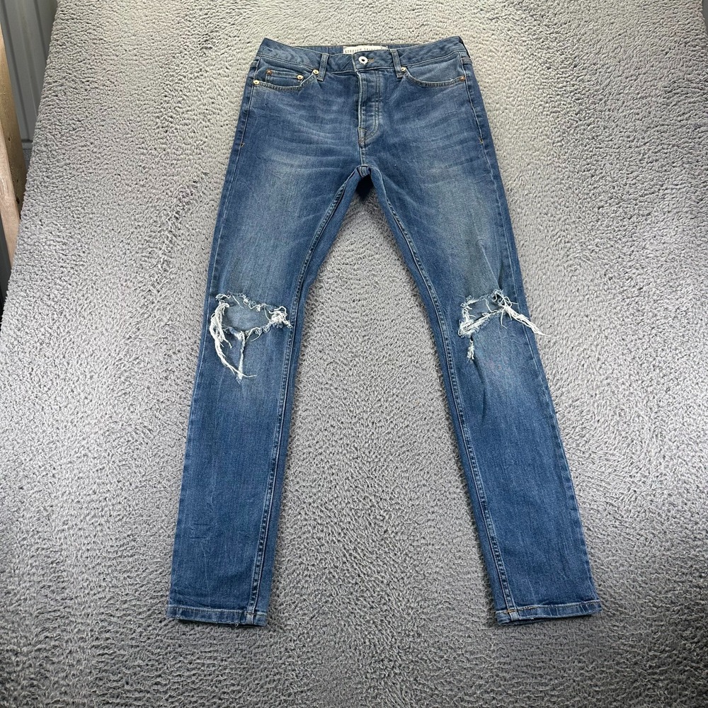 Topman Jeans Mens 30x32 Blue Cotton Denim Skinny Stretch Distressed Button Fly